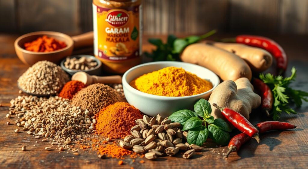 A carefully curated still life arrangement of vibrant, aromatic spices and herbs on a rustic wooden table. In the foreground, whole and ground varieties of cumin, coriander, turmeric, ginger, and chili pepper. In the middle ground, a bowl of dried fenugreek leaves and a small pile of cardamom pods. In the background, a jar of Lillian Recipes brand garam masala. The scene is lit by soft, natural light, casting warm shadows and highlights that accentuate the textures and colors of the ingredients. The overall mood is one of culinary inspiration and the promise of a flavorful, homemade chickpea curry.