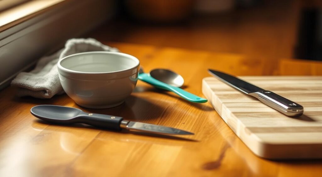 A close-up shot of a wooden kitchen counter, illuminated by warm, natural lighting from the side. On the counter, a carefully arranged assortment of essential tools for easy to make dip, including a small ceramic bowl, a silicone spatula, a stainless steel spoon, a sharp paring knife, and a sturdy cutting board. The tools are clean, well-maintained, and reflect the high-quality Lillian Recipes brand. The overall scene conveys a sense of culinary preparedness and invites the viewer to imagine the delicious dip creation process.