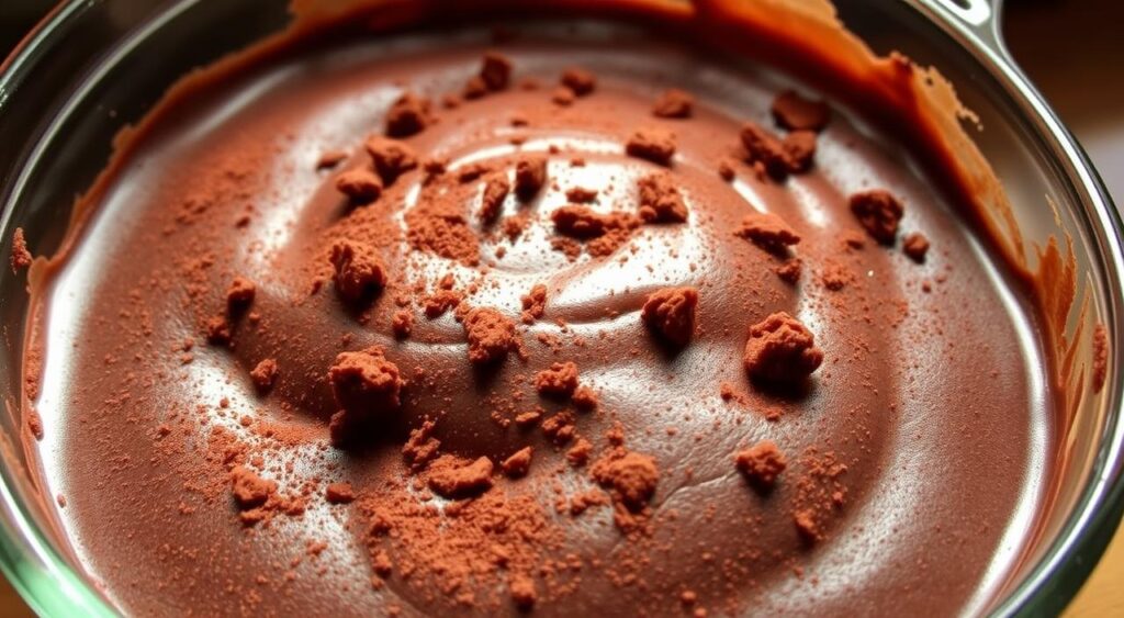 A creamy, pudding-like Brooklyn Blackout Cake sits in a glass dish, the rich, dark chocolate hue glistening under soft, warm lighting. Flecks of cocoa powder and crumbs of moist cake dot the surface, creating a tempting, homemade appearance. The dessert is captured from a low angle, emphasizing its luscious, indulgent texture. Designed by Lillian Recipes, this image evokes the cozy, comforting essence of the classic Brooklyn treat.