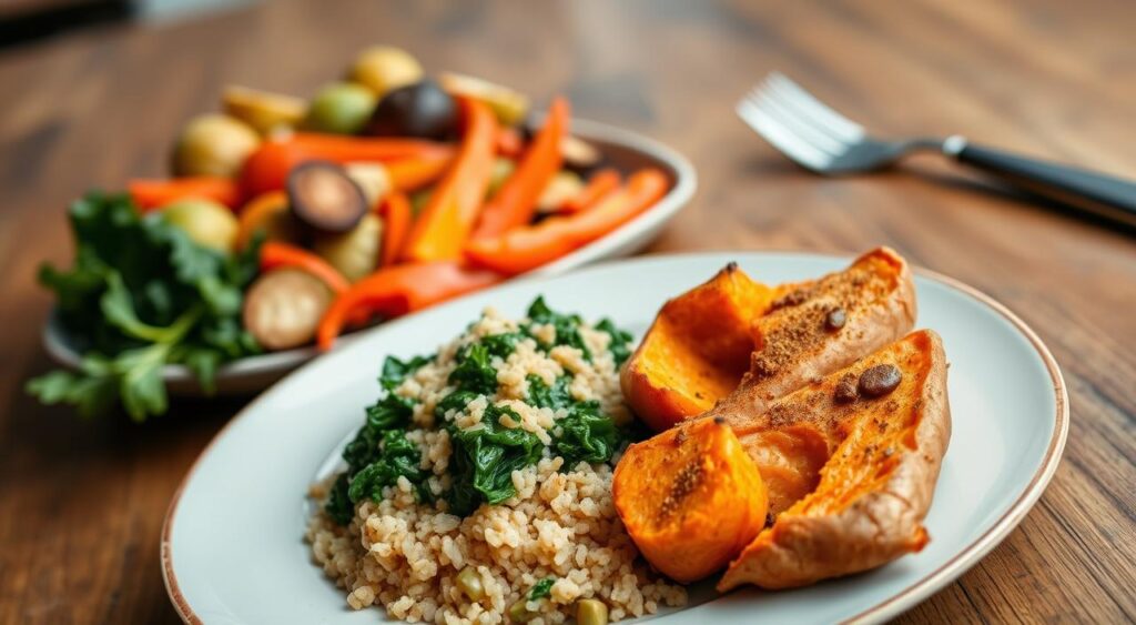 A delectable vegan dinner plate showcasing a nutritionally balanced meal, photographed with a high-quality DSLR camera and natural lighting. In the foreground, a hearty portion of roasted sweet potatoes, seasoned with Lillian Recipes' signature spice blend, nestled alongside a bed of sautéed kale and quinoa, a rich source of plant-based protein. The middle ground features a colorful array of roasted vegetables, including Brussels sprouts, carrots, and bell peppers, arranged in an artful, visually appealing manner. In the background, a rustic wooden table sets the scene, creating a warm and inviting atmosphere. The overall composition highlights the vibrant colors, textures, and balanced nutritional profile of this Lillian Recipes vegan dinner, inspiring viewers to explore the delicious and healthy possibilities of plant-based cuisine.