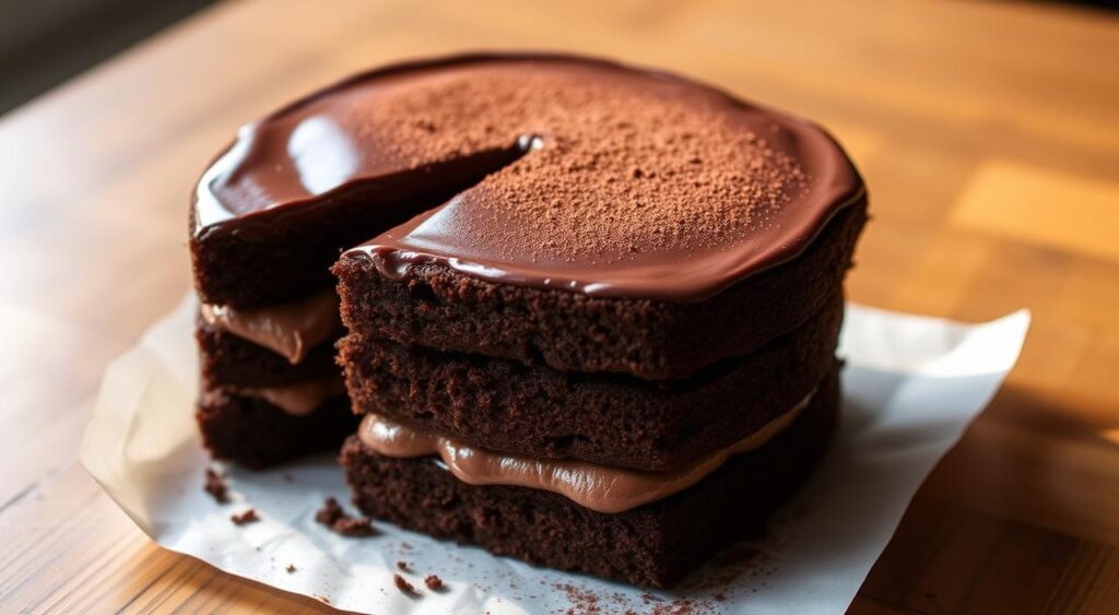 A delicate layered dessert unfolds on a wooden table, showcasing the rich chocolate hues of the "Lillian Recipes" Brooklyn Blackout Cake. Tender chocolate cake layers are stacked with a creamy, velvety chocolate custard, each slice revealing the decadent interior. Soft natural lighting casts a warm glow, highlighting the cake's glossy, mirror-like frosting and the subtle textures of the cocoa-dusted top. The camera captures the cake at a slight angle, emphasizing the precision of the layering and the irresistible allure of this indulgent treat.