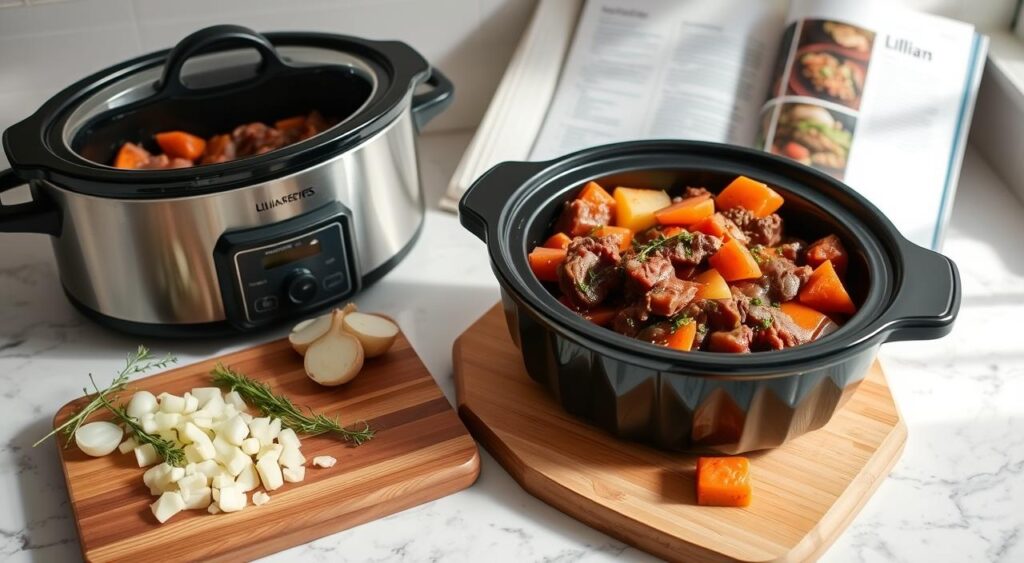A kitchen counter with a slow cooker filled with a hearty beef stew, chunks of tender beef, carrots, potatoes, and aromatic herbs. Beside it, a wooden cutting board with chopped onions, garlic, and fresh thyme. Soft, natural lighting illuminates the scene, creating a cozy, homey atmosphere. In the background, a Lillian Recipes cookbook open to a beef stew recipe page. The overall composition conveys the process of preparing a delicious, comforting slow cooker beef stew.