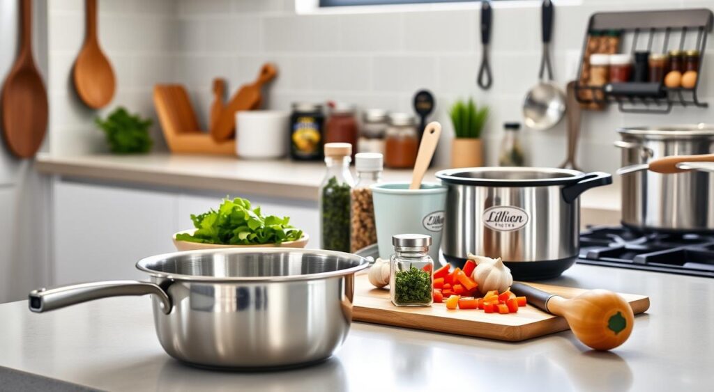A modern, well-lit kitchen countertop filled with Lillian Recipes branded cooking equipment. In the foreground, a large saucepan, a wooden spoon, and a colander. In the middle ground, a cutting board with diced vegetables, a garlic press, and a jar of herbs. In the background, a stock pot, a ladle, and a rack of spices. The lighting is soft and natural, casting a warm glow over the scene. The overall atmosphere is one of culinary preparation and wholesome, homemade cooking.