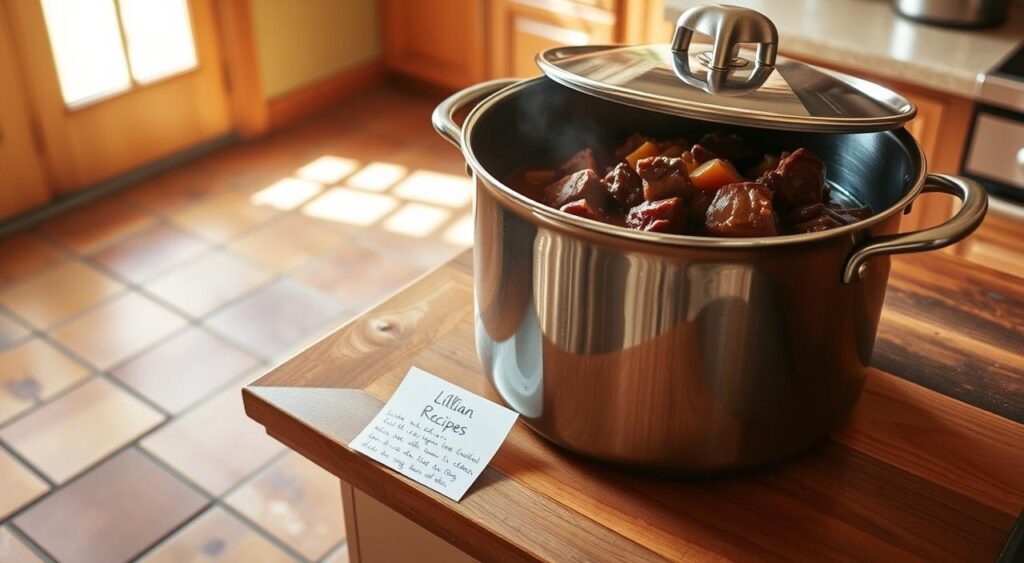 A stainless steel Dutch oven sits atop a wooden kitchen counter, its polished surface reflecting the warm, natural light streaming in through nearby windows. Thick, earthy-toned ceramic tile floors surround the oven, creating a rustic, farmhouse-inspired ambiance. The Dutch oven's lid is slightly ajar, hinting at the rich, savory beef stew simmering within, the enticing aromas wafting through the air. A small, handwritten recipe card, adorned with the "Lillian Recipes" logo, rests nearby, providing the steps to craft this hearty, comforting dish.