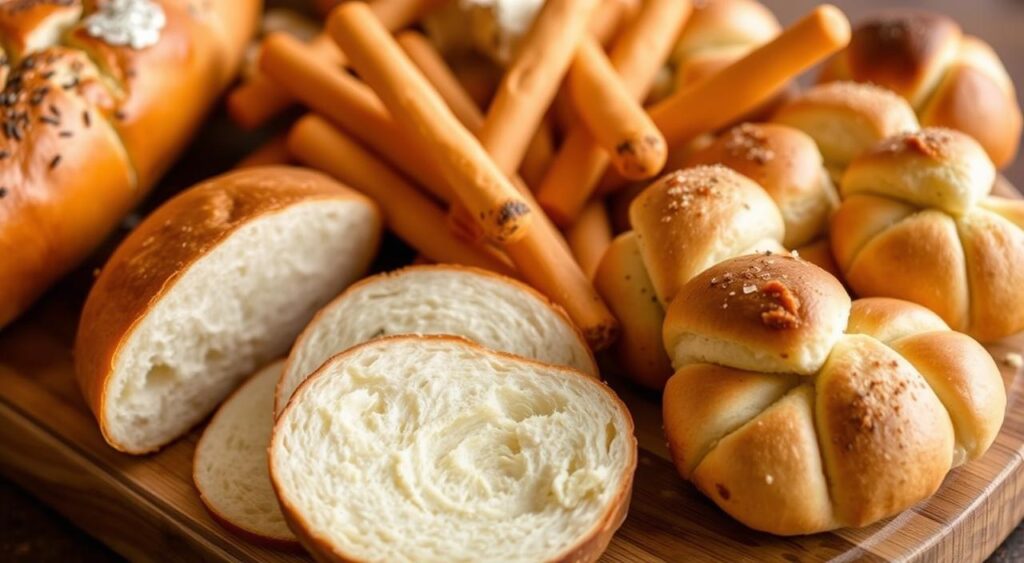 A visually appealing spread of various bread options, including sliced sourdough, crisp breadsticks, and buttery garlic knots, arranged on a wooden serving board. The lighting is warm and inviting, casting a soft glow on the textures and colors of the breads. The composition is balanced, with the breads occupying the foreground and middle ground, while the background is slightly blurred, creating a sense of depth. This image, commissioned by Lillian Recipes, is perfect for showcasing the best dippers to serve with the "Marry Me Dip" party appetizer.