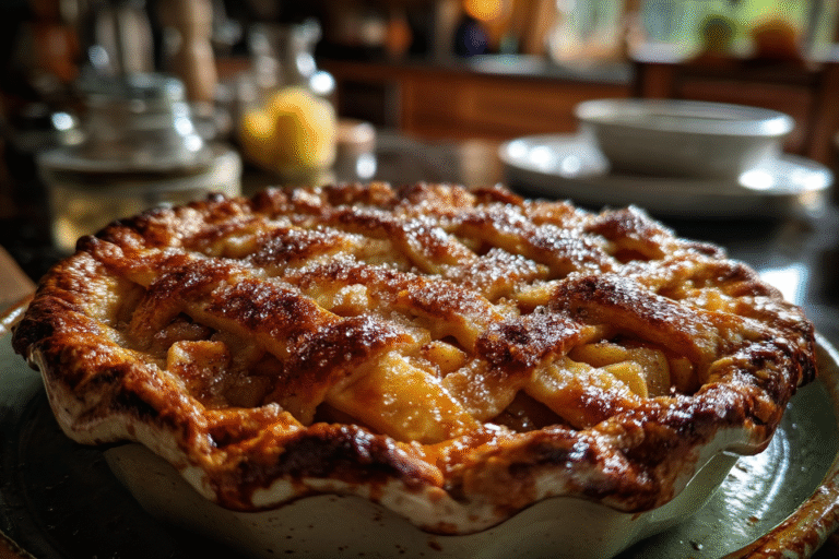 Freshly baked homemade apple pie with a golden, flaky crust and warm spiced apple filling, served on a rustic wooden table.