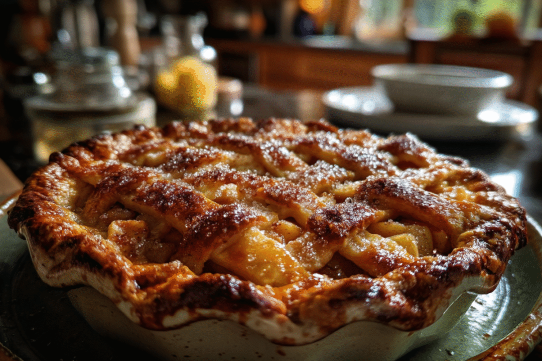 Freshly baked homemade apple pie with a golden, flaky crust and warm spiced apple filling, served on a rustic wooden table.