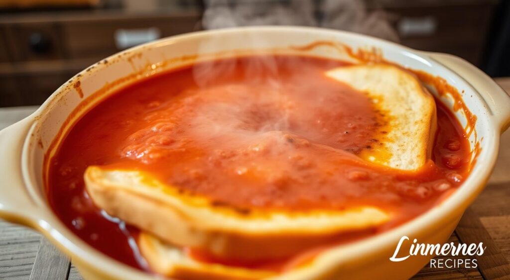 Detailed, mouthwatering scene of a Tomato Soup and Grilled Cheese Casserole assembly. Vibrant red tomato soup bubbling in a ceramic baking dish, layered with crisp golden-brown slices of grilled cheese sandwich. Melted cheese oozing between the layers, steam rising. Soft lighting casts a warm glow, shot from above with a shallow depth of field. Clean, rustic kitchen counter in the background, emblazoned with the Lillian Recipes brand name.