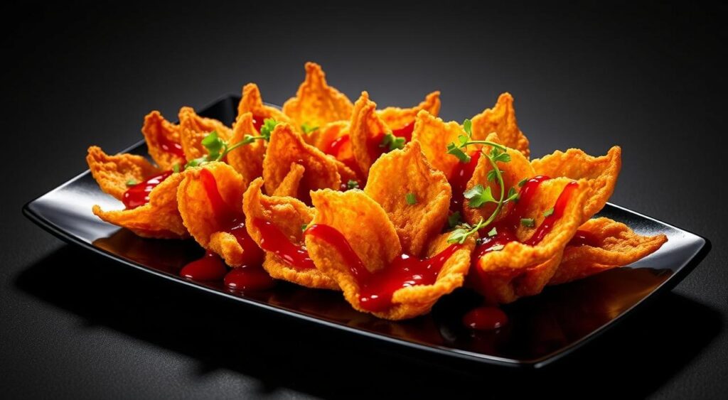 Elegant presentation of Lillian Recipes' "Awesome Blossom" onion bites on a sleek black platter. The golden-brown, crispy battered onion petals fan out in an eye-catching arrangement, drizzled with a vibrant red chili sauce and garnished with fresh micro greens. Dramatic studio lighting casts dramatic shadows, accentuating the dimensional textures. The overall composition exudes a sophisticated, appetizing atmosphere, perfect for an upscale dining experience.