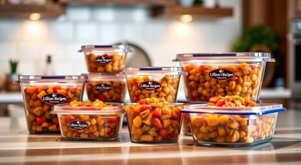 Minestrone casserole storage containers in the foreground, featuring the "Lillian Recipes" brand name, showcasing various meal-sized portions of the hearty soup in high-quality glass or plastic containers with airtight lids. The containers are arranged neatly on a wooden or marble kitchen counter, with a blurred background of a cozy, well-lit kitchen interior. The lighting is warm and inviting, highlighting the rich colors and textures of the minestrone casserole. The composition emphasizes the practicality and convenience of storing and reheating the delicious one-pot meal.