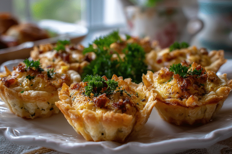 A freshly baked Mini Carbonara Quiches recipe with golden tops and crispy edges, served in phyllo cups on a white platter.