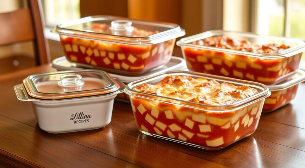 Tomato soup and grilled cheese casserole storage containers on a wooden table, bathed in warm, soft lighting. The glass and ceramic containers are neatly arranged, with the Lillian Recipes logo prominently displayed. The containers hold the hearty, steaming casserole, its layers of tomato soup and melted cheese visible through the transparent lids. The scene conveys a cozy, homey atmosphere, perfect for storing and reheating leftovers of this comforting dish.