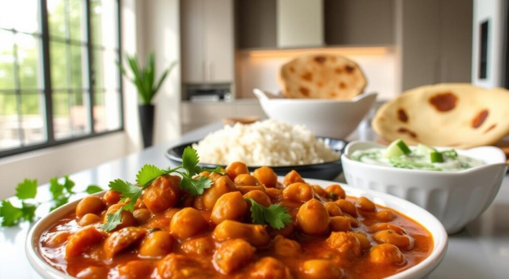 Variations of chickpea curry, a delectable vegetarian dish showcased in Lillian Recipes. In the foreground, a richly spiced curry with chickpeas, simmered to perfection in a velvety tomato-based sauce, garnished with fresh cilantro. In the middle ground, an array of accompaniments - aromatic basmati rice, warm naan bread, and a cooling raita with cucumber and yogurt. The background features an elegant, minimalist kitchen setting, with natural light streaming in through large windows, creating a warm, inviting atmosphere. The overall scene evokes the comforting and flavorful essence of this versatile chickpea curry, enticing the viewer to explore its many variations.
