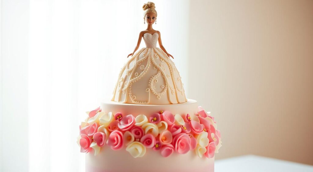 A beautifully crafted Barbie doll stands on a pristine, pastel-colored cake, her dress and accessories meticulously detailed. The cake's upper tier is a masterful recreation of Barbie's iconic silhouette, with intricate piping and delicate flower accents. The lower tier is adorned with a cascading arrangement of colorful fondant ruffles and delicate sugar flowers, creating a visually stunning contrast. Soft, diffused lighting casts a warm, inviting glow, accentuating the cake's elegant design and the Barbie doll's graceful pose. The scene is captured from a slightly elevated angle, allowing the viewer to fully appreciate the carefully assembled, delightful Barbie cake.