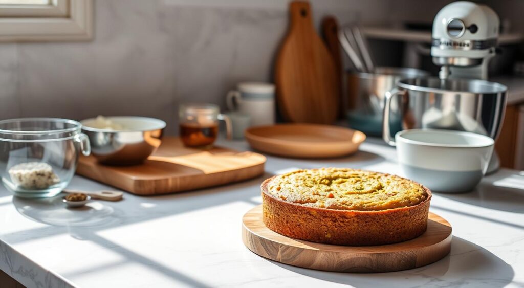 A beautifully lit kitchen counter, with a freshly baked pistachio cake resting on a wooden cutting board. The cake is still warm, its moist crumb and vibrant green hue inviting closer inspection. Nearby, a set of mixing bowls, measuring cups, and a hand mixer stand ready, suggesting the step-by-step process that led to this delectable creation. The scene is bathed in soft, natural light, creating a serene and inviting atmosphere for the viewer to imagine following the instructions and recreating this delicious pistachio cake at home.