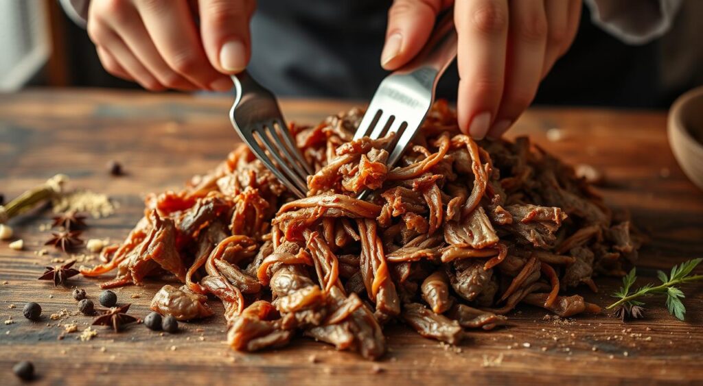 A close-up shot of a chef's hands meticulously shredding juicy, slow-cooked beef with a pair of forks, revealing the tender, fibrous texture of the meat. The beef glistens with a rich, reddish-brown hue, the result of a long, flavorful braise. The scene is set against a backdrop of a rustic wooden table, with a handful of aromatic spices and herbs scattered around, hinting at the complex seasonings used to create this authentic birria filling. Warm, natural lighting casts a soft, cozy glow over the entire composition, evoking the comforting atmosphere of a traditional Mexican kitchen.