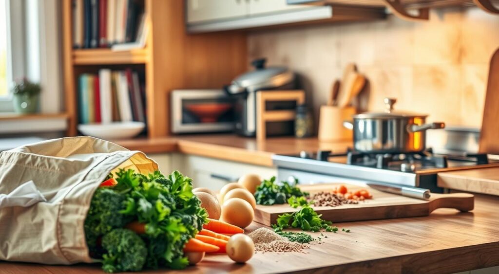 A cozy kitchen counter, illuminated by warm natural light, showcases an assortment of budget-friendly ingredients. In the foreground, fresh produce like carrots, broccoli, and potatoes spill from a reusable grocery bag, hinting at the wholesome, nutritious meals to come. In the middle ground, a cutting board displays a variety of chopped herbs and spices, while a simple pot simmers on the stove, filling the air with the aroma of a simmering, economical dish. In the background, a bookshelf displays a collection of cookbooks, suggesting the culinary creativity and resourcefulness needed to craft delicious, cost-conscious meals.