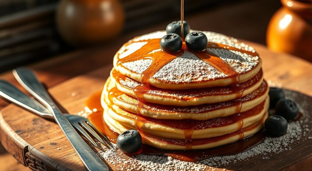 A delectable stack of fluffy Japanese-style pancakes, bathed in golden sunlight and resting atop a rustic wooden surface. The pillowy cakes are adorned with a dusting of powdered sugar, their surfaces glistening with a light glaze. Plump blueberries and a drizzle of maple syrup add pops of color and flavor, complementing the airy, cloud-like texture of the pancakes. A pair of forks and knives are positioned nearby, ready to dig into this heavenly breakfast treat. The scene is captured with a warm, intimate lighting and a shallow depth of field, drawing the viewer's focus to the tantalizing pancakes.