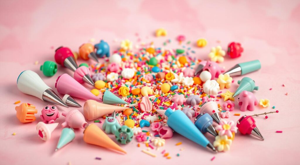 A delicate arrangement of whimsical cake decorating tips, scattered across a pastel-hued background. The foreground features an assortment of vibrant piping nozzles, icing bags, and fondant modeling tools, each with a playful, almost anthropomorphic quality. The middle ground showcases a variety of decorative elements, such as colorful sprinkles, fondant shapes, and delicate sugar flowers, creating a sense of joyful chaos. The background is softly lit, with a warm, diffused glow that lends an ethereal, dreamlike quality to the scene. The overall composition evokes a sense of childlike wonder and the boundless creativity of cake decorating.