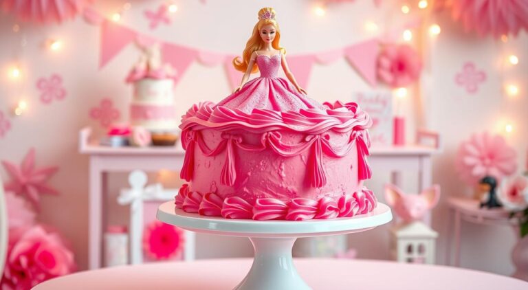 A delightful Barbie-themed birthday cake adorned with vibrant pink frosting, cascading ribbons, and an elegant Barbie figurine as the centerpiece. The cake stands on a pristine white cake stand, bathed in soft, warm lighting that casts a gentle glow on the intricate details. The background is a pastel-hued party setting, with whimsical decorations and a touch of sparkle, creating a enchanting, celebratory atmosphere. The overall composition is symmetrical and visually balanced, capturing the essence of a Barbie-inspired dessert fit for a princess.