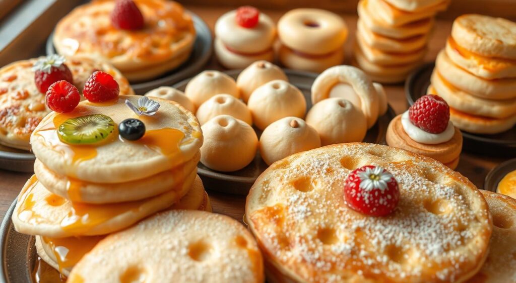 A delightful array of fluffy Japanese pancakes, each a unique culinary masterpiece. In the foreground, a stack of light and airy pancakes, their golden-brown surfaces dotted with vibrant fruit toppings - juicy berries, sliced kiwi, and delicate edible flowers. The middle ground showcases a collection of miniature pancake bites, their pillowy textures accented by a dusting of powdered sugar and drizzles of sweet syrup. In the background, a selection of pancake-inspired creations, including fluffy pancake rolls filled with luscious cream and stacks of pancake bites in playful geometric shapes, all bathed in warm, natural lighting that enhances their irresistible appeal.