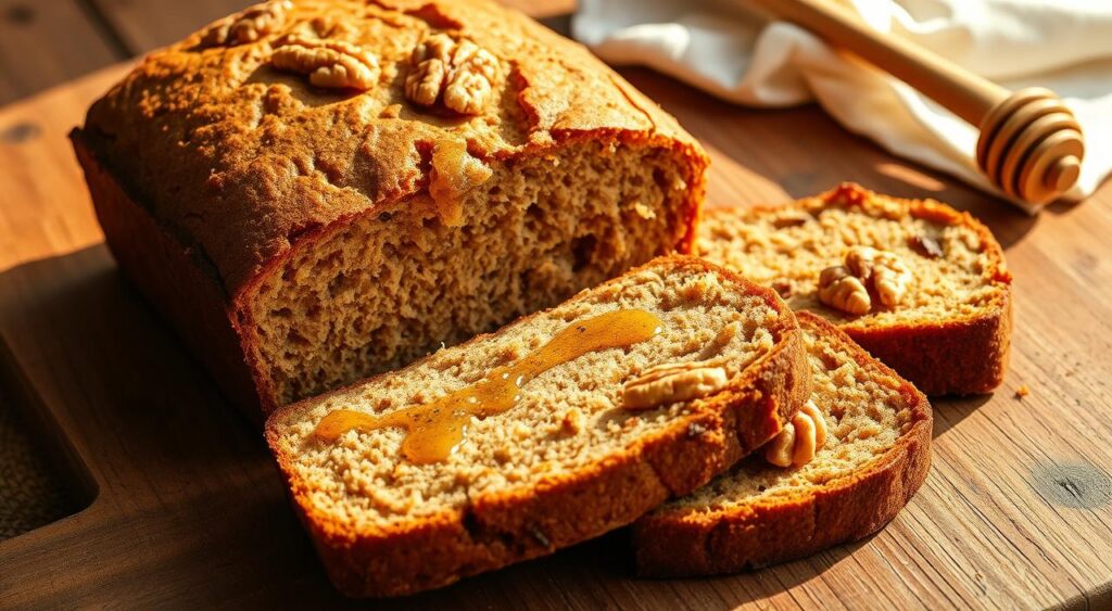 A freshly baked, golden-brown homemade banana bread loaf resting on a rustic wooden table. The bread's crust is lightly cracked, revealing moist, tender crumbs inside. Slices of the bread are arranged artfully, some drizzled with honey and sprinkled with toasted walnuts. The scene is bathed in warm, natural lighting, casting a cozy, inviting atmosphere. In the background, a simple white linen napkin adds a touch of elegance. The overall composition emphasizes the bread's homemade, comforting qualities, perfectly suited to be the centerpiece of a "Serving Suggestions for Your Banana Bread" section.