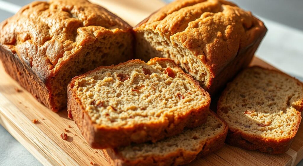 A freshly baked, moist and fragrant banana bread, with a golden brown crust and a crumb that's perfectly tender. The loaf is sliced, revealing a soft interior dotted with specks of ripe bananas and hints of cinnamon. The bread is arranged on a rustic wooden cutting board, with a light natural lighting casting warm shadows. A few slices are placed alongside, tempting the viewer with their inviting texture and aroma. The overall scene evokes a cozy, homemade atmosphere, making this healthy banana bread an irresistible treat.