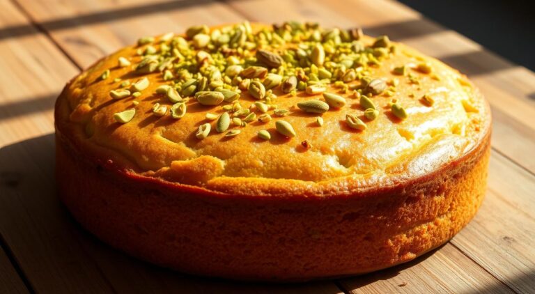 A luscious moist pistachio cake, fresh from the oven, resting on a rustic wooden table. The surface glistens with a delicate sheen, hinting at the tender crumb within. Crushed pistachios lightly coat the top, their vibrant green hues contrasting beautifully against the golden cake. Soft natural lighting casts gentle shadows, accentuating the cake's moist and inviting texture. The aroma of toasted nuts and vanilla wafts through the air, enticing the senses. A simple yet elegant dessert, ready to be savored and enjoyed.