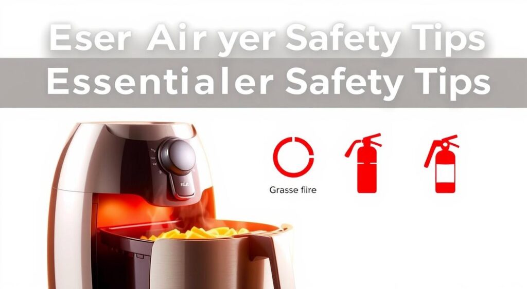 A modern, minimalist illustration of essential air fryer safety tips. In the foreground, a sleek, chrome air fryer with steam rising from the basket, bathed in warm, directional lighting. In the middle ground, three distinct safety icons - a hand cautioning against touching hot surfaces, a thermometer indicating proper preheating, and a fire extinguisher for addressing grease fires. The background is a clean, white backdrop, emphasizing the safety-focused message. The overall mood is informative yet visually striking, guiding the viewer through crucial air fryer usage guidelines.