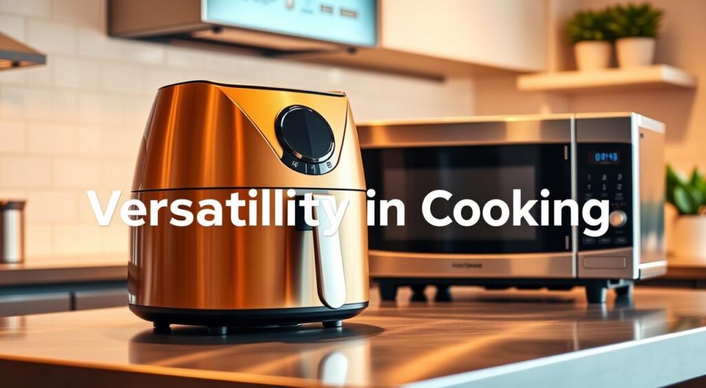 A modern, well-lit kitchen with an air fryer and a microwave oven prominently displayed on a stainless steel countertop. The air fryer is golden-brown with a sleek, angular design, while the microwave has a classic, rounded shape and a digital display. The scene is shot from a low angle, emphasizing the appliances' capabilities and highlighting their versatility in preparing a variety of dishes. The lighting is warm and evenly distributed, creating a inviting atmosphere that reflects the "Versatility in Cooking" theme. The background features subtle details such as a tiled backsplash and a few potted plants, adding depth and context to the scene.