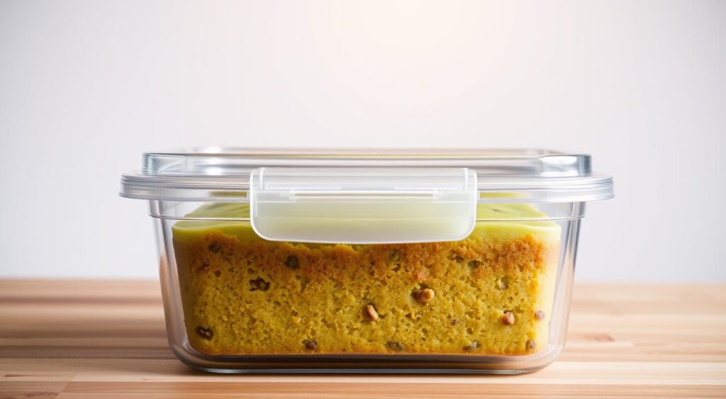 A moist and tempting pistachio cake, nestled in a glass storage container with an airtight lid. The cake's vibrant green hue and flecks of nuts are visible through the transparent container, inviting the viewer to imagine its fresh, nutty flavor. Soft lighting from above casts a warm glow, creating an atmosphere of homely comfort. The container is placed on a wooden surface, with a simple, minimalist background emphasizing the cake's delectable appearance. The image conveys a sense of careful preservation, ensuring the cake's moist texture and flavor are maintained for enjoyment at a later time.