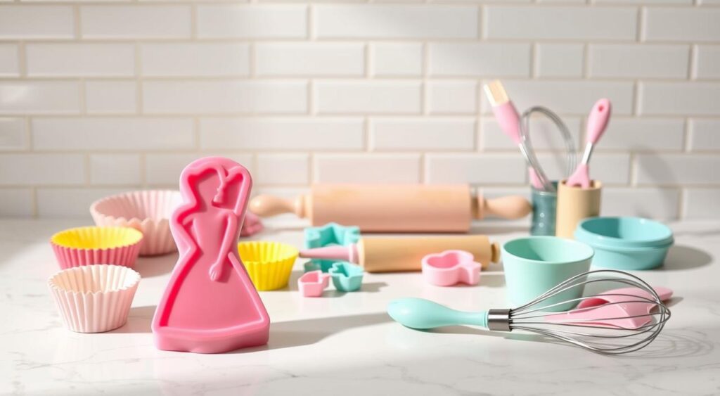 A neatly arranged still life showcasing an assortment of Barbie-themed baking tools and utensils. In the foreground, a pink silicone Barbie-shaped cake mold takes center stage, surrounded by colorful cupcake liners, a Barbie-inspired spatula, and a set of Barbie-themed cookie cutters. In the middle ground, a rolling pin, a sifter, and a whisk in pastel hues sit on a marble-patterned surface, casting soft shadows. The background features a clean, white tiled wall, creating a bright and airy atmosphere that complements the playful and feminine aesthetic of the Barbie-inspired baking supplies. The lighting is soft and diffused, accentuating the pastel colors and creating a sense of warmth and whimsy.