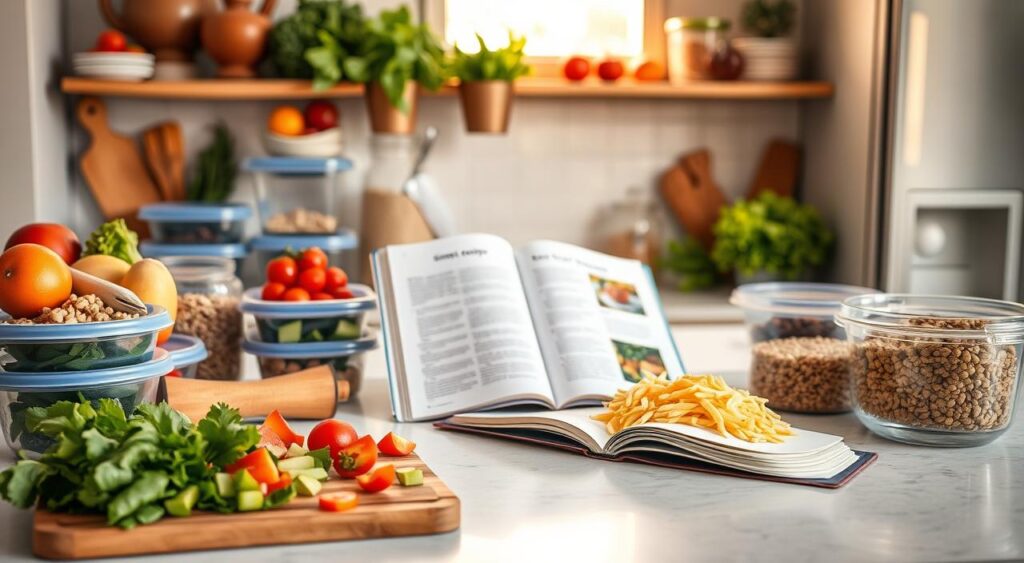 A neatly organized kitchen counter with a variety of fresh produce, whole grains, and lean protein sources, illuminated by warm, natural lighting. In the foreground, a cutting board with chopped vegetables and a stack of reusable containers, conveying a sense of efficient meal preparation. The middle ground features a cookbook open to a page of simple, cost-effective recipes, while the background showcases a clean, minimalist aesthetic, suggesting a thoughtful, budget-conscious approach to meal planning.