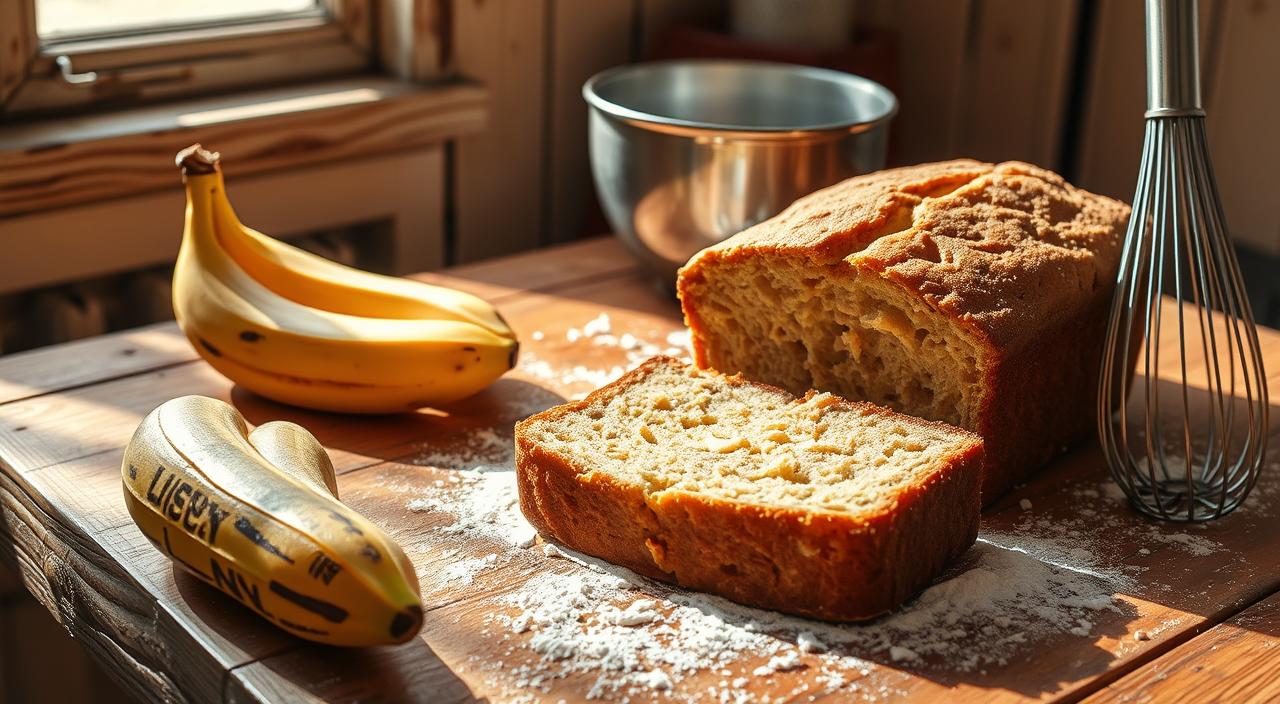 A rustic wooden table, dusted with flour, holds a freshly baked loaf of homemade banana bread. The bread, golden-brown in color, has a soft, moist crumb and a delightful aroma wafting through the air. Ripe bananas, their skins flecked with dark spots, rest nearby, ready to be mashed and incorporated into the recipe. Sunlight streams in through a nearby window, casting a warm glow over the scene and highlighting the natural textures of the ingredients. A vintage-inspired mixing bowl and whisk stand ready, suggesting the care and attention that went into the baking process. The overall atmosphere is one of comforting simplicity and homemade goodness.