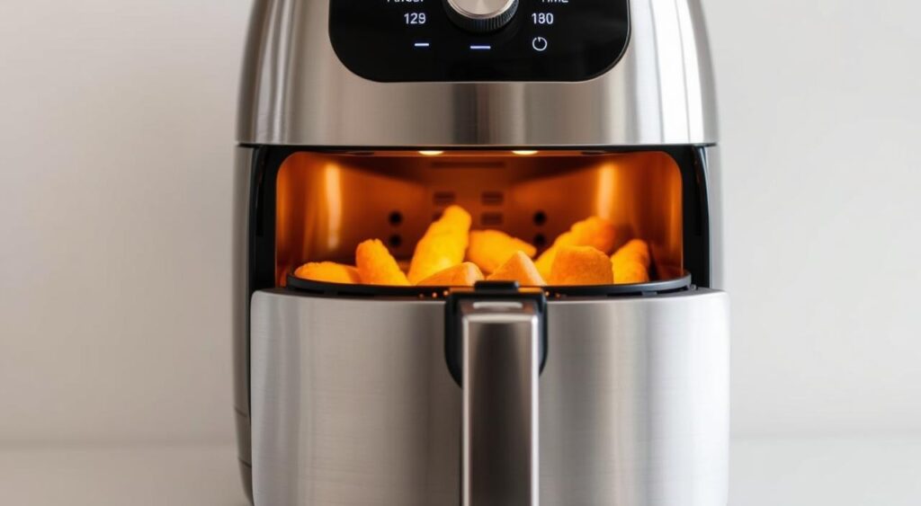A stainless steel air fryer set against a clean, white backdrop, with precise temperature and cooking time information displayed on the control panel. The fryer's interior is illuminated, revealing neatly arranged food items, while a soft, diffused light creates a warm, inviting atmosphere. The overall composition emphasizes the importance of following accurate cooking instructions for optimal air fryer performance.