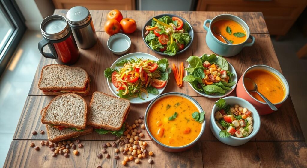 A vibrant, top-down view of a rustic wooden table, bathed in warm, natural light. In the foreground, an assortment of budget-friendly lunch items are artfully arranged: hearty sandwiches made with fresh whole-grain bread, crisp salads overflowing with colorful veggies, and a thermos of steaming homemade soup. The middle ground features a scattering of colorful, affordable ingredients like lentils, chickpeas, and sliced fruits, hinting at the simplicity and nourishment of these easy, family-friendly meals. In the background, a soft, blurred kitchen scene suggests the comforting, homemade nature of these budget-friendly lunches.