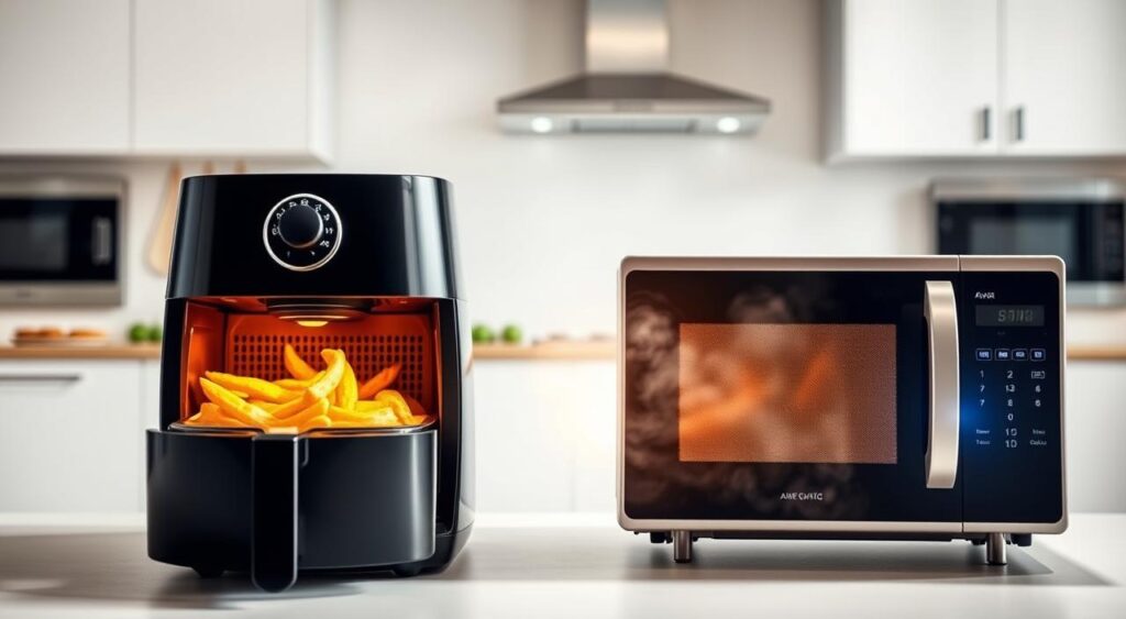 A well-lit, high-contrast image showcasing a side-by-side comparison of an air fryer and a microwave in action. The air fryer sizzles with golden-brown food, while the microwave pulses with an intense glow. The foreground features the two appliances set against a clean, minimalist backdrop, highlighting their distinct cooking methods. The middle ground captures the dynamic energy of the cooking process, with steam and heat visually palpable. The background subtly suggests a modern, well-equipped kitchen, creating an aspirational atmosphere. Captured with a wide-angle lens to emphasize the scale and visual impact of the cooking comparison.