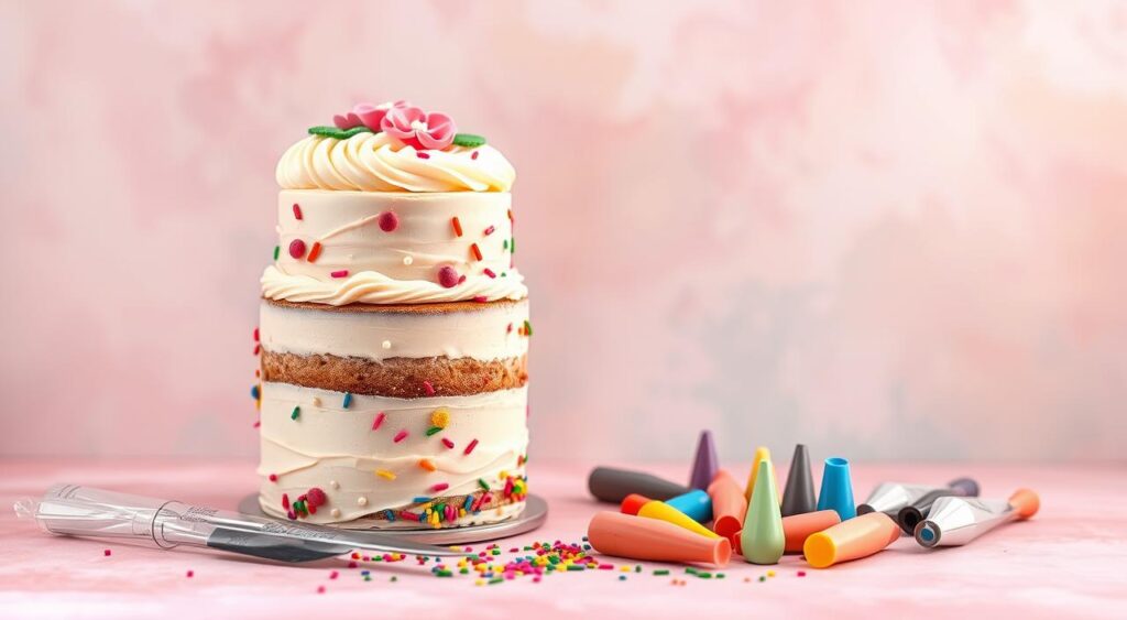 A whimsical cake decorating scene, set against a pastel-hued background. In the foreground, an enchanting cake stands tall, adorned with swirling buttercream frosting, delicate fondant flowers, and playful candy accents. Vibrant sprinkles dance across the surface, creating a sense of joyful movement. The middle ground features a selection of decorating tools - piping bags, palette knives, and an array of colorful piping tips - arranged in a visually appealing composition. Soft, diffused lighting casts a warm, dreamlike glow, emphasizing the delicate textures and vibrant hues. The overall atmosphere exudes a sense of playful creativity, inviting the viewer to explore the basics of whimsical cake design.