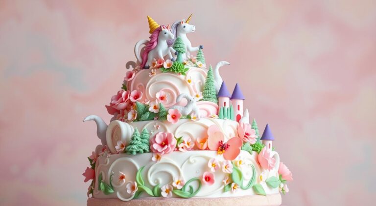 A whimsical cake masterpiece against a dreamlike, pastel-hued backdrop. Intricate fondant decorations swirl and twist, forming fantastical shapes - unicorns, magical forests, and enchanted castles. The cake's layers are stacked asymmetrically, defying gravity with a sense of playful movement. Delicate sugar flowers blossom across the surface, their petals caught mid-flutter. Soft, diffused lighting casts a warm, ethereal glow, highlighting the cake's delicate textures and vibrant colors. The overall impression is one of childlike wonder and delight, inviting the viewer to imagine the delicious and delightful surprises waiting within.