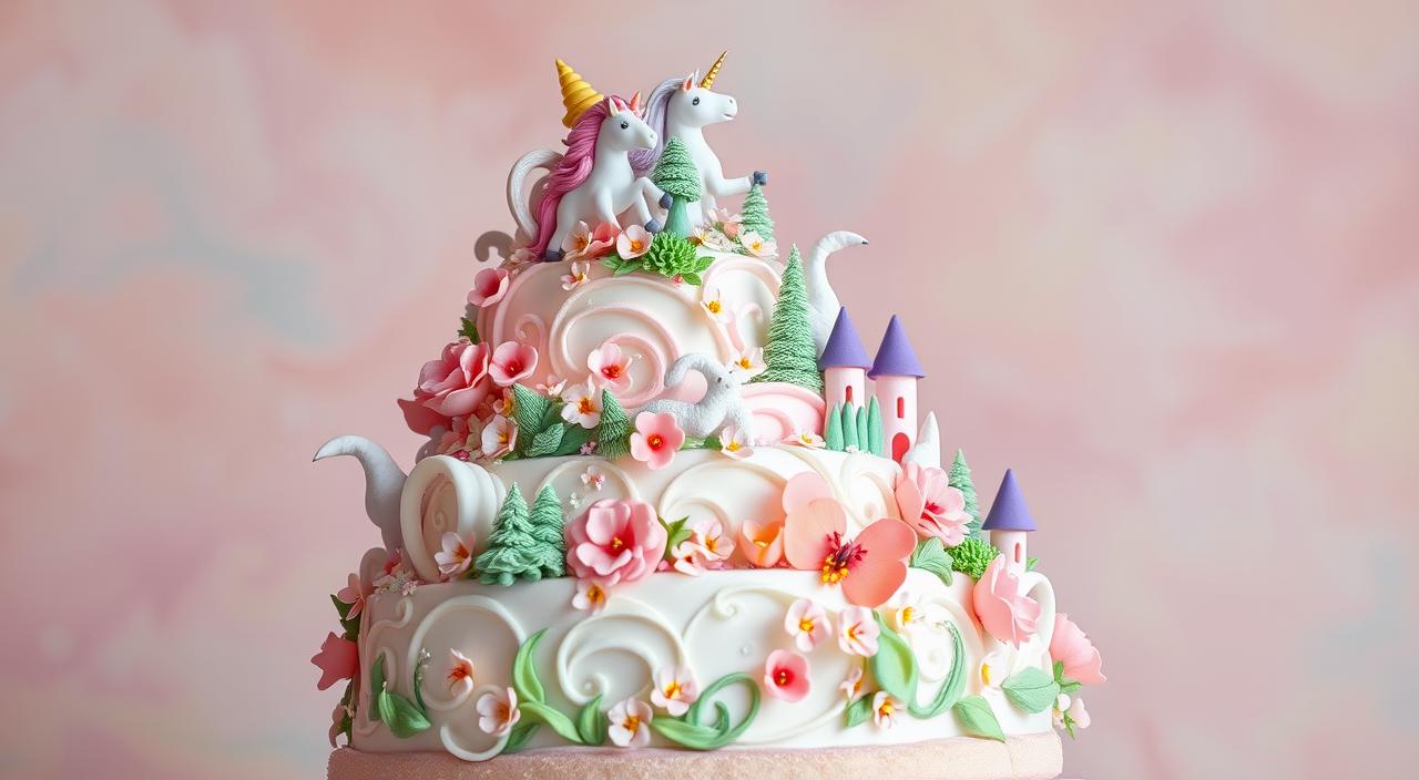A whimsical cake masterpiece against a dreamlike, pastel-hued backdrop. Intricate fondant decorations swirl and twist, forming fantastical shapes - unicorns, magical forests, and enchanted castles. The cake's layers are stacked asymmetrically, defying gravity with a sense of playful movement. Delicate sugar flowers blossom across the surface, their petals caught mid-flutter. Soft, diffused lighting casts a warm, ethereal glow, highlighting the cake's delicate textures and vibrant colors. The overall impression is one of childlike wonder and delight, inviting the viewer to imagine the delicious and delightful surprises waiting within.