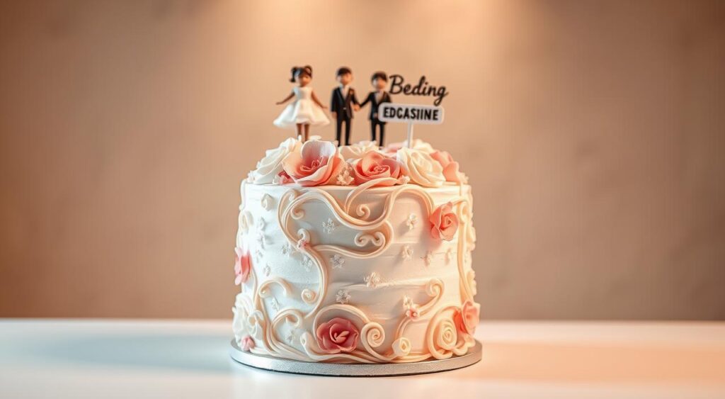 A whimsical, custom-designed cake with intricate fondant decorations. In the foreground, a layered cake adorned with delicate, hand-painted flowers, cascading ribbons, and sculpted sugar pieces. The middle ground features personalized toppers, such as miniature figurines or calligraphic nameplates, set against a backdrop of subtly textured buttercream. Soft, warm lighting casts a dreamy glow, highlighting the meticulous attention to detail. The overall composition conveys a sense of playfulness and celebration, perfect for a special occasion. The cake appears to float on a clean, white surface, allowing the decorative elements to take center stage.
