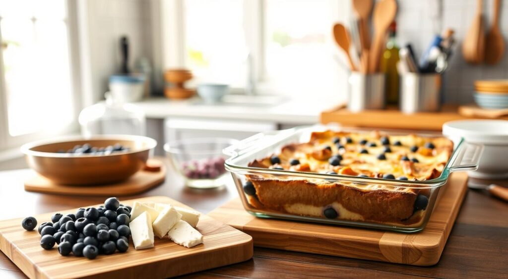 Blueberry Cream Cheese French Toast Bake preparation