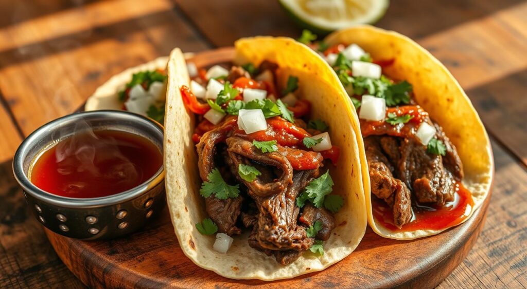 High-resolution close-up shot of freshly prepared traditional Mexican birria tacos, served on a rustic wooden table. The tacos are filled with tender, slow-cooked beef birria, garnished with diced onions, cilantro, and a generous drizzle of the rich, aromatic birria consomé. The consomé is served in a small bowl alongside, steam rising from the deep red, flavorful broth. The lighting is warm and natural, casting a cozy, inviting atmosphere. The overall composition emphasizes the textural details of the tacos and the vibrant colors of the ingredients, creating a mouthwatering scene that captures the essence of authentic Mexican comfort food.
