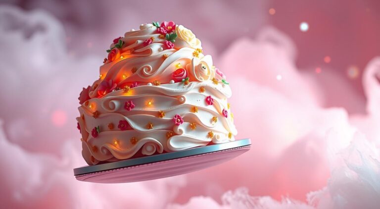 Whimsical cake floating in a dreamlike, pastel-hued realm. Intricate frosting swirls and colorful fondant embellishments cascade over the confection's delicate tiers. Shimmering edible glitter and delicate sugar flowers adorn the cake, creating an enchanting, fairy-tale inspired display. Soft, warm lighting illuminates the scene, casting a warm, inviting glow. The cake is positioned at a slight angle, allowing its layers and ornate decorations to be fully showcased. The background is a hazy, ethereal landscape of muted pinks, purples and blues, evoking a sense of magic and wonder. An overall mood of playful elegance and fantastical charm permeates the image.