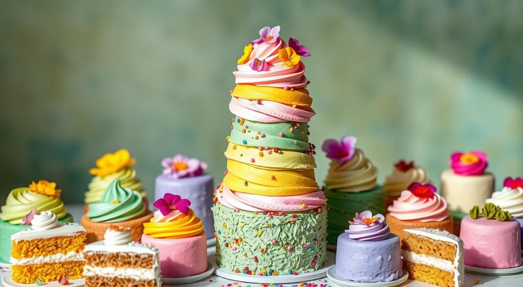 Whimsical cakes in a vibrant, playful composition. A central tower of fluffy, multicolored layers topped with swirling icing, sprinkles, and edible flowers. Surrounding it, an array of individual cakes in exotic flavors - matcha green tea, lavender honey, cinnamon dulce de leche, and more. Soft, natural lighting illuminates the scene, highlighting the intricate textures and vibrant hues. Conveying a sense of joy, creativity, and celebration, inviting the viewer to indulge in these delightful, one-of-a-kind desserts.
