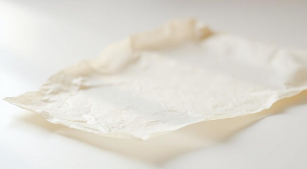 a close-up photograph of a sheet of parchment paper laid flat on a clean, light-colored surface, illuminated by soft, diffused natural lighting from the side. The parchment has a slightly aged, textured appearance with visible fibers and a slight off-white or light beige tone. The edges of the parchment are slightly curled, adding visual interest. The focus is sharp on the parchment, with a shallow depth of field that gently blurs the background, conveying a sense of simplicity and highlighting the material's unique qualities. The overall mood is clean, minimalist, and emphasizes the practical, functional nature of the parchment paper for use in an air fryer.