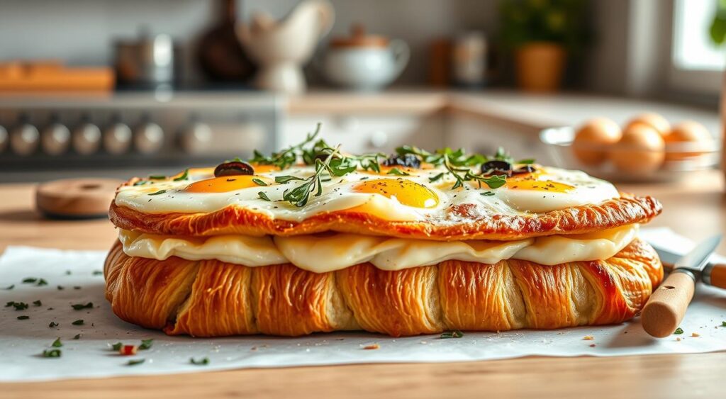 croissant breakfast casserole assembly