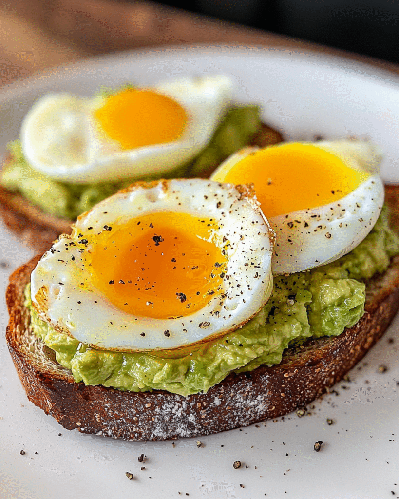 Overhead view of spicy avocado toast with jammy eggs and chili crunch served on sourdough bread