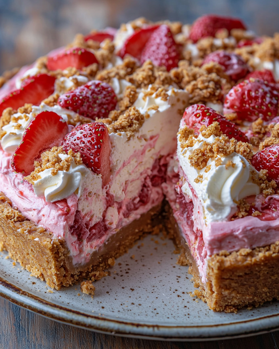 Overhead view of strawberry crunch cheesecake on a white plate