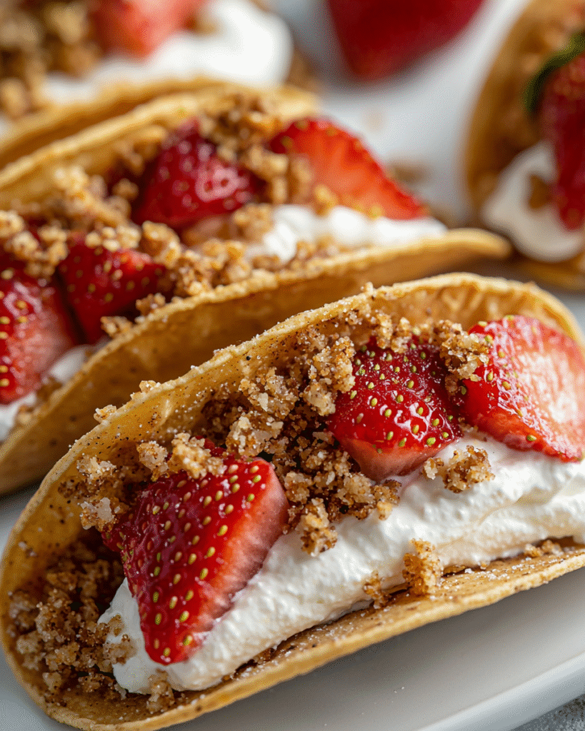 Overhead view of strawberry crunch cheesecake tacos with strawberry topping